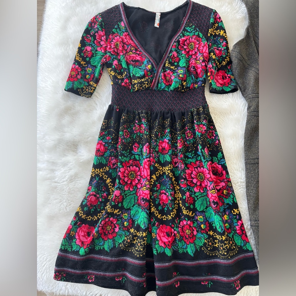 Free People Floral Midi Dress - Black and Pink